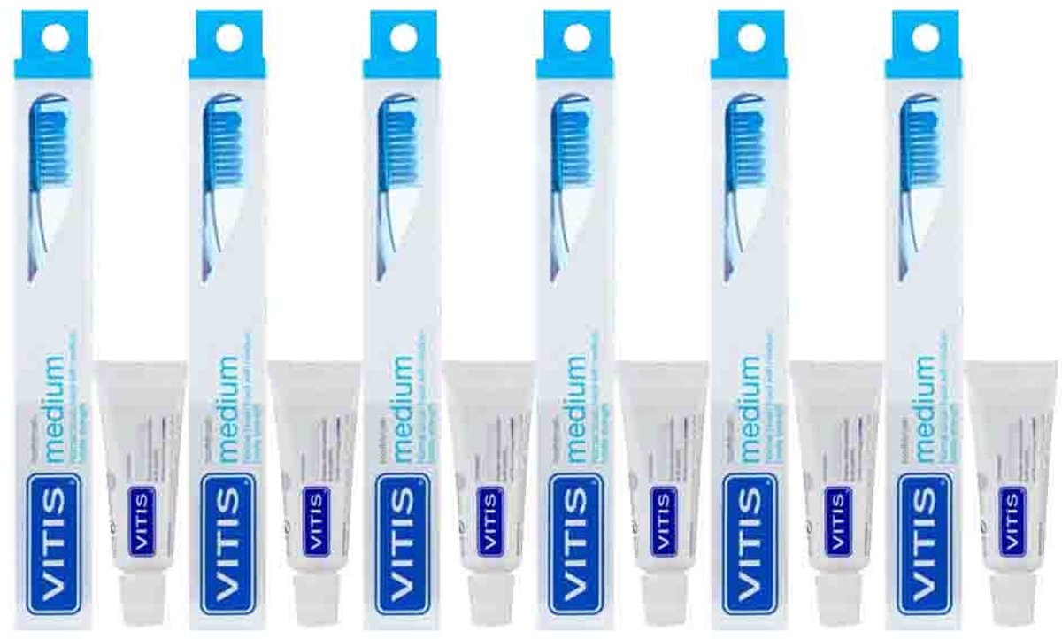 Vitis Tandenborstel + Mini Tandpasta Whitening - 6 x - Voordeelverpakking