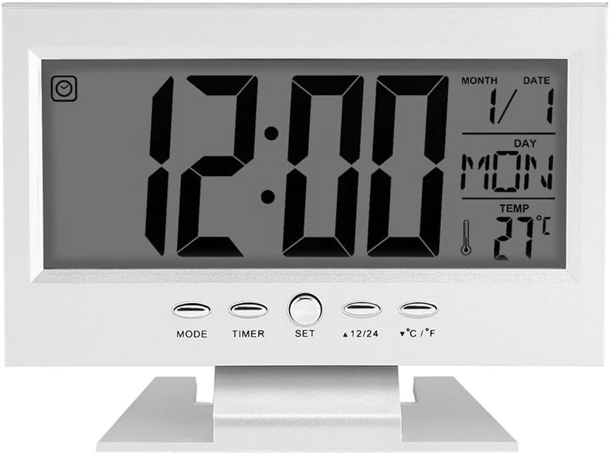 SnelShoppen - Digitale Alarmklok - Batterij Aangedreven Tafelklok - Mini Wekkerradio met Temperatuurweergave - Zilveren LCD Scherm - Bedside Tafel met