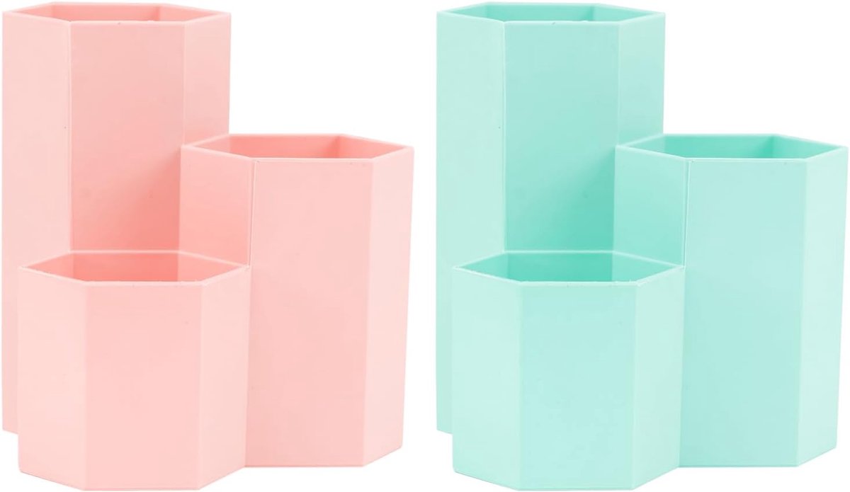 SnelShoppen - 2 Stuks Desk Pen Holders - Hexagonale Honeycomb Pennenhouder - Grote Capaciteit - Roze en Groen - Stationery en Make-up Borstels Organiz
