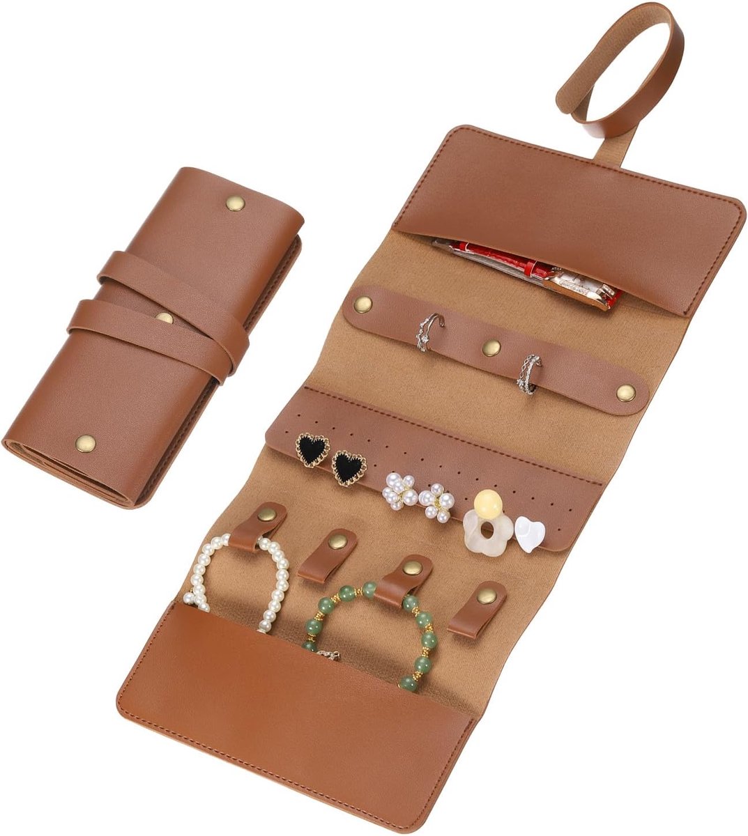 SnelShoppen - Opbergtas voor Reissieraden, Opvouwbaar en Draagbaar Sieradenzakje voor Ringen, Halskettingen, Oorbellen, Armbanden, Bruin PU-Leer, Comp