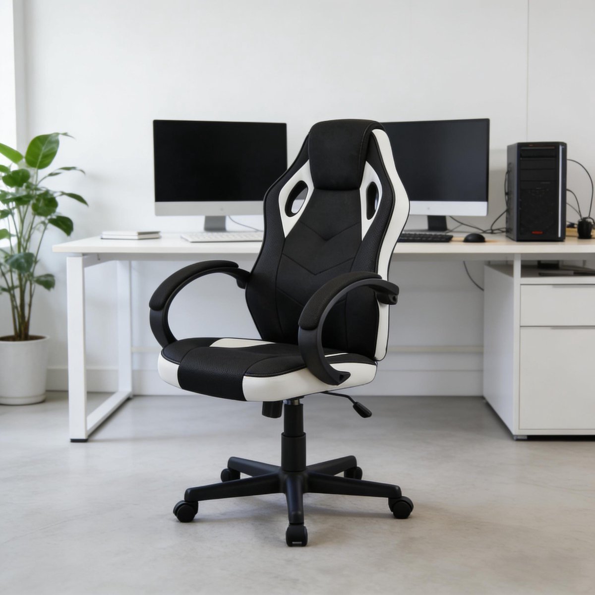 DESMIU Bureaustoel - Gamingstoel - Ergonomisch Met Hoofdsteun En Armleuningen - Verstelbare Zithoogte - Voor Kantoor En Speelkamer - Zwart Wit