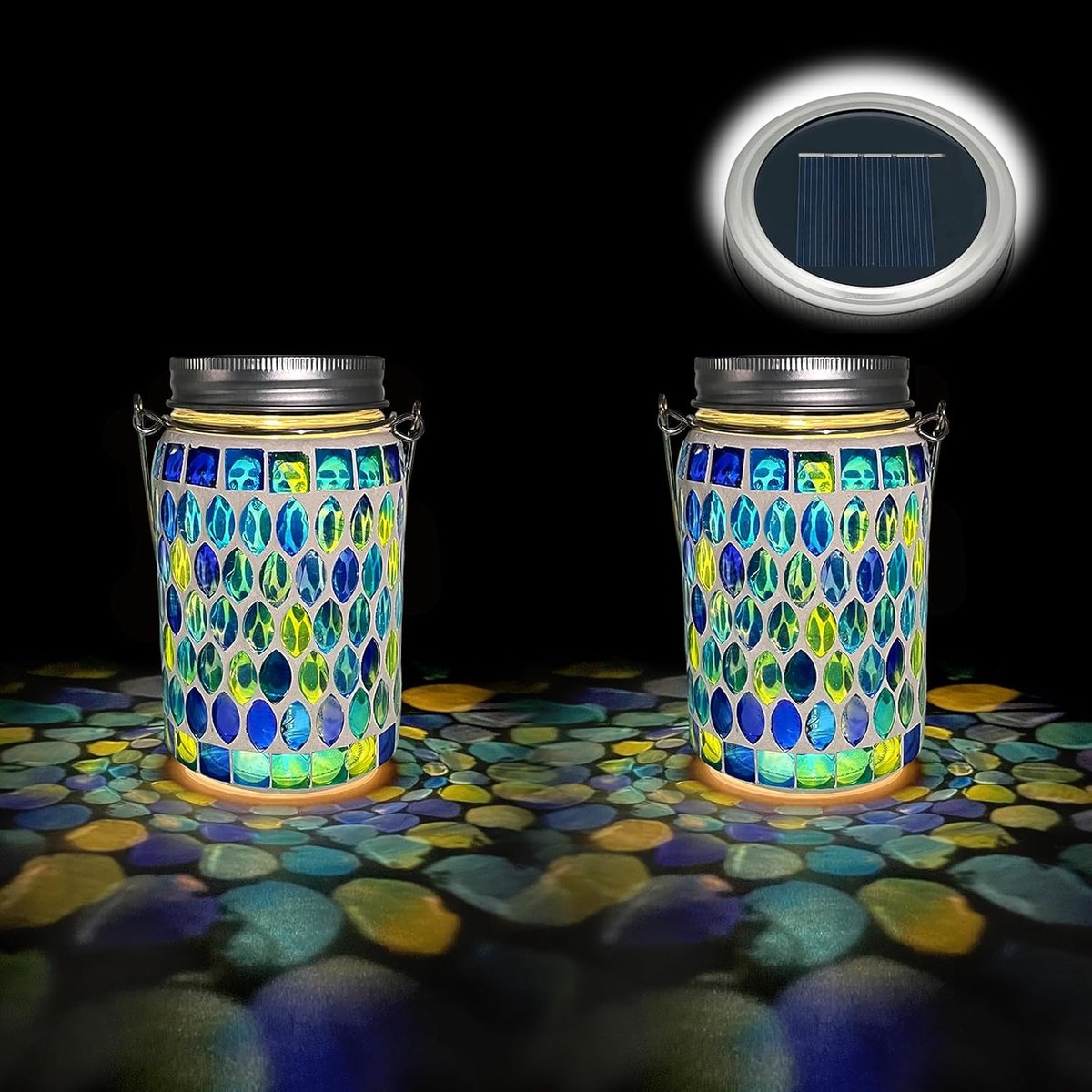 SnelShoppen - 2PCS Solar Mosaic Lichten Buiten, Glazen Hanglampen, IP65 Waterdicht Tuinverlichting, Blauw Mosaïek, Perfect voor Tuin, Terras, Pad en F