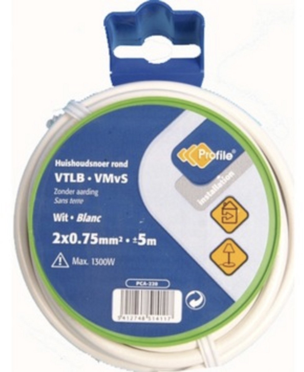 Profile Stroomkabel Rond Wit 2 x 0,75mm² 5 Meter