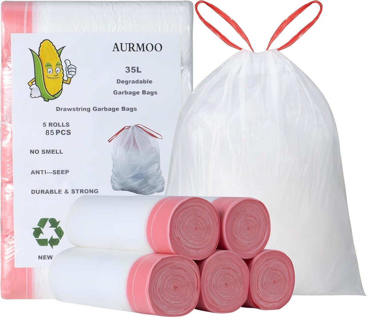 SnelShoppen - Biologisch Afbreekbare Afvalzakken 35L met Trekkoord, Müllbeutel, Organische Keukenafvalzakken, 85 Stuks, W55xH65cm, Wit