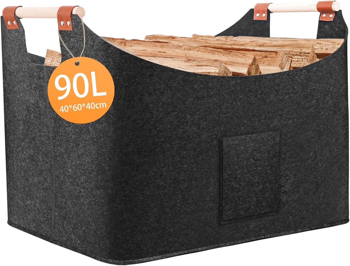 SnelShoppen - Vouwbare Houten Mand met Vilt Tas, 40 x 40 x 60 cm, 96 Liter, voor Hout, Boodschappen en Kranten, Extra Dikke Vilt, Met Handvat