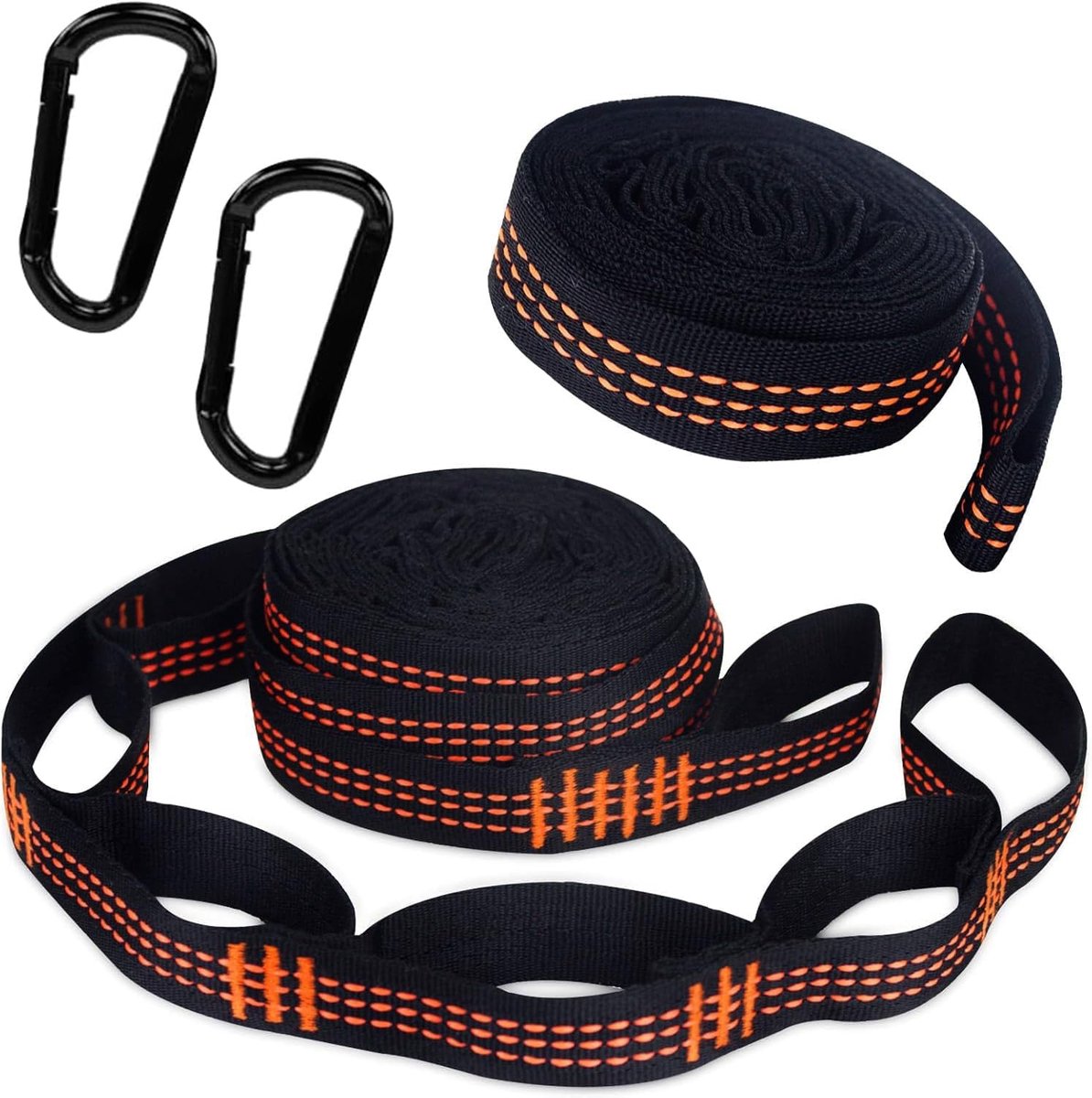 SnelShoppen - 2 Stuks Hangmat Bevestigingsset, Hammock Mounts met 2 Zwarte Carabiner Haken, 300kg Hang Kit, Boomriemen Oranje voor Camping, Buiten, Hi