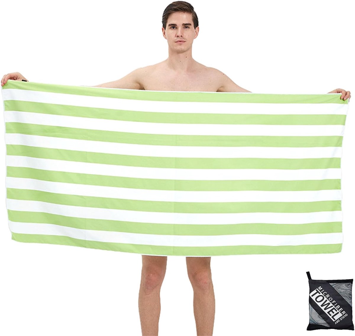 SnelShoppen - Large Thin Microfiber Strandlaken met Tas voor Volwassenen, 160x90cm Groene Gestreepte Sneldrogende Zandvrije Lichtgewicht Zwemhanddoek