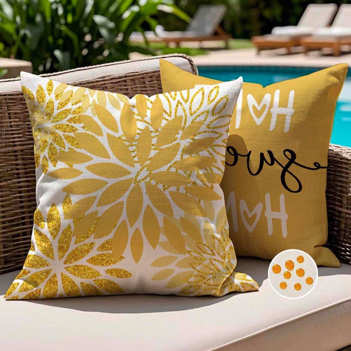 Waterdichte Kussenhoezen 40 x 40 cm met Moderne Dahlia's in Geel en Goud voor Tuin, Balkon en Woonkamer - Set van 2 Kussens voor Buiten en Binnen Decoratie