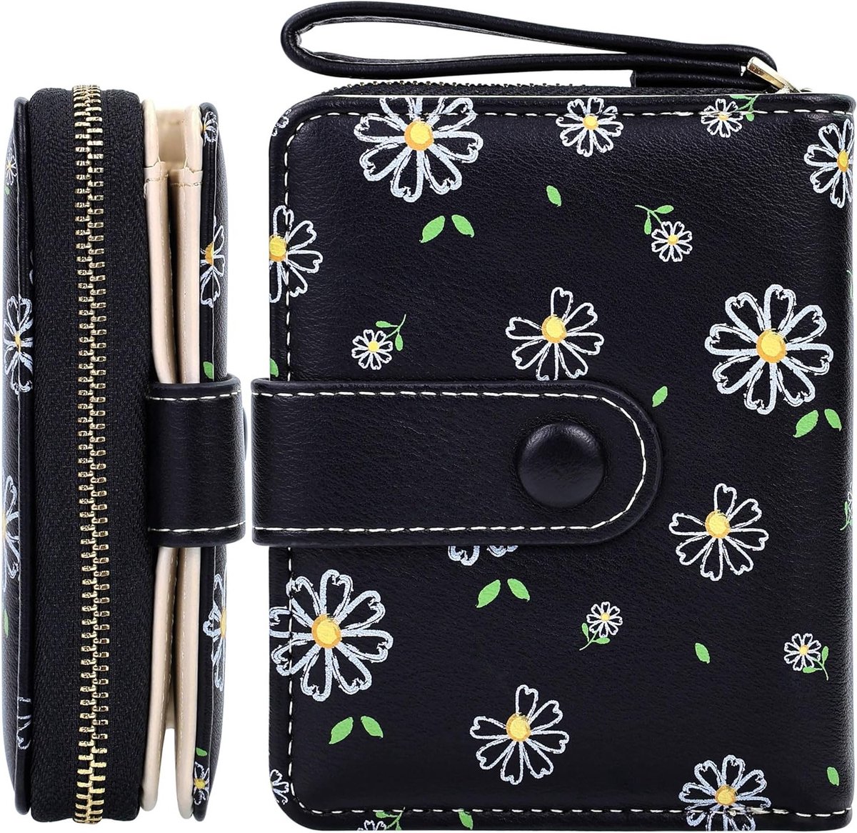 Daisy Print Zwarte Kleine Handtassen voor Vrouwen en Kinderen - Leer, Geschikt voor Mobiele Telefoons en Kaarten