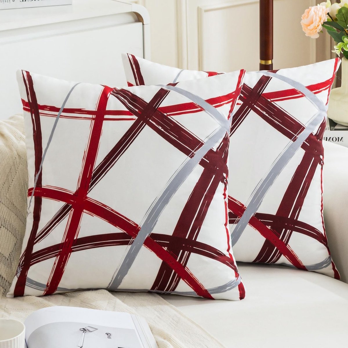 Geometrische Kussenhoezen 45x45 cm in Rood en Grijs van Velvet voor Sofa en Bed, Decoratieve Kussens voor Woonkamer en Slaapkamer, Set van 2