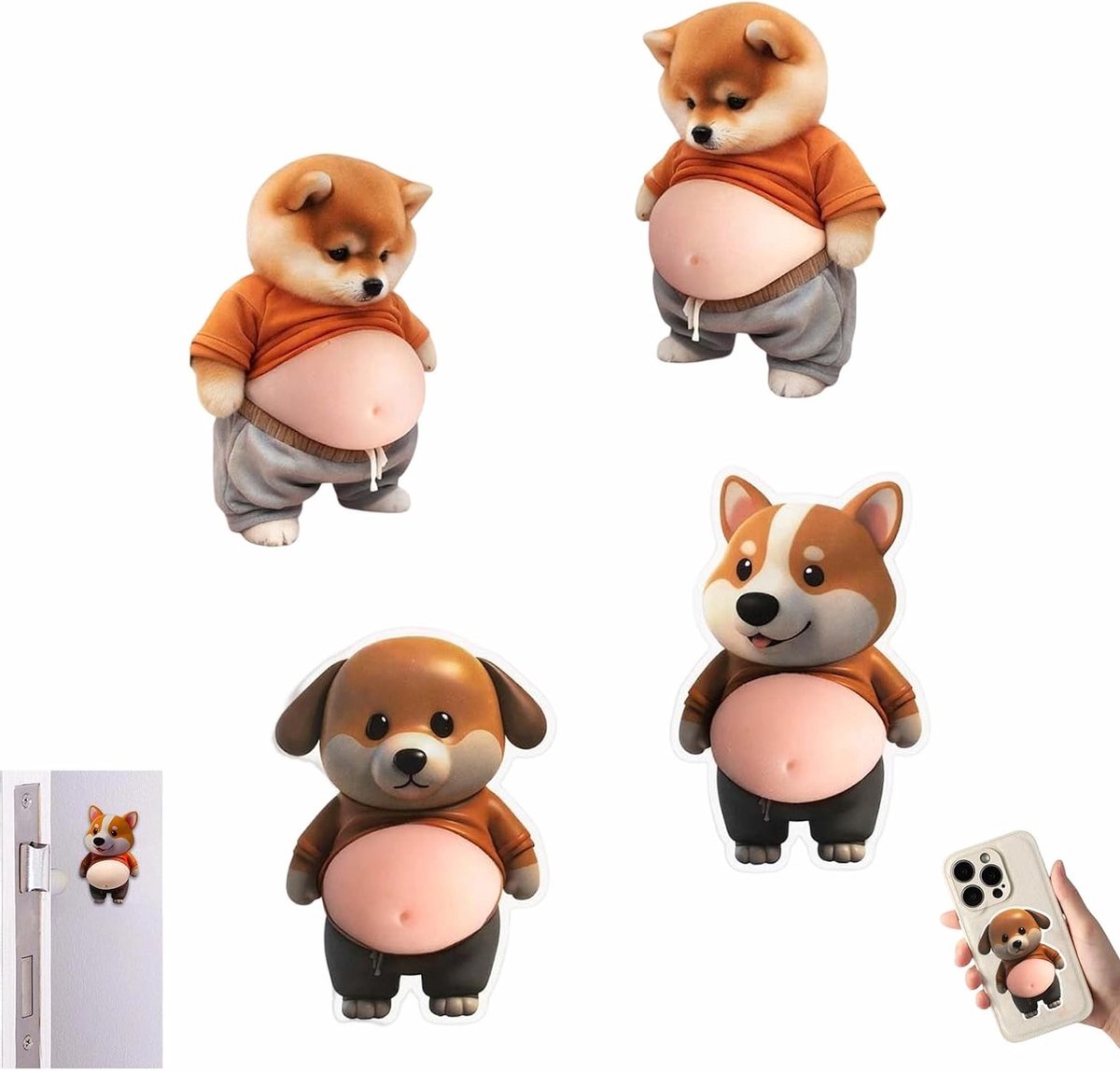 4 Deurstoppers van rubber en PVC in Shiba Inu ontwerp, 3D hondenbuik, zachte siliconen, anti-botsing en stressverlichting voor deuren en mobiele telefoons