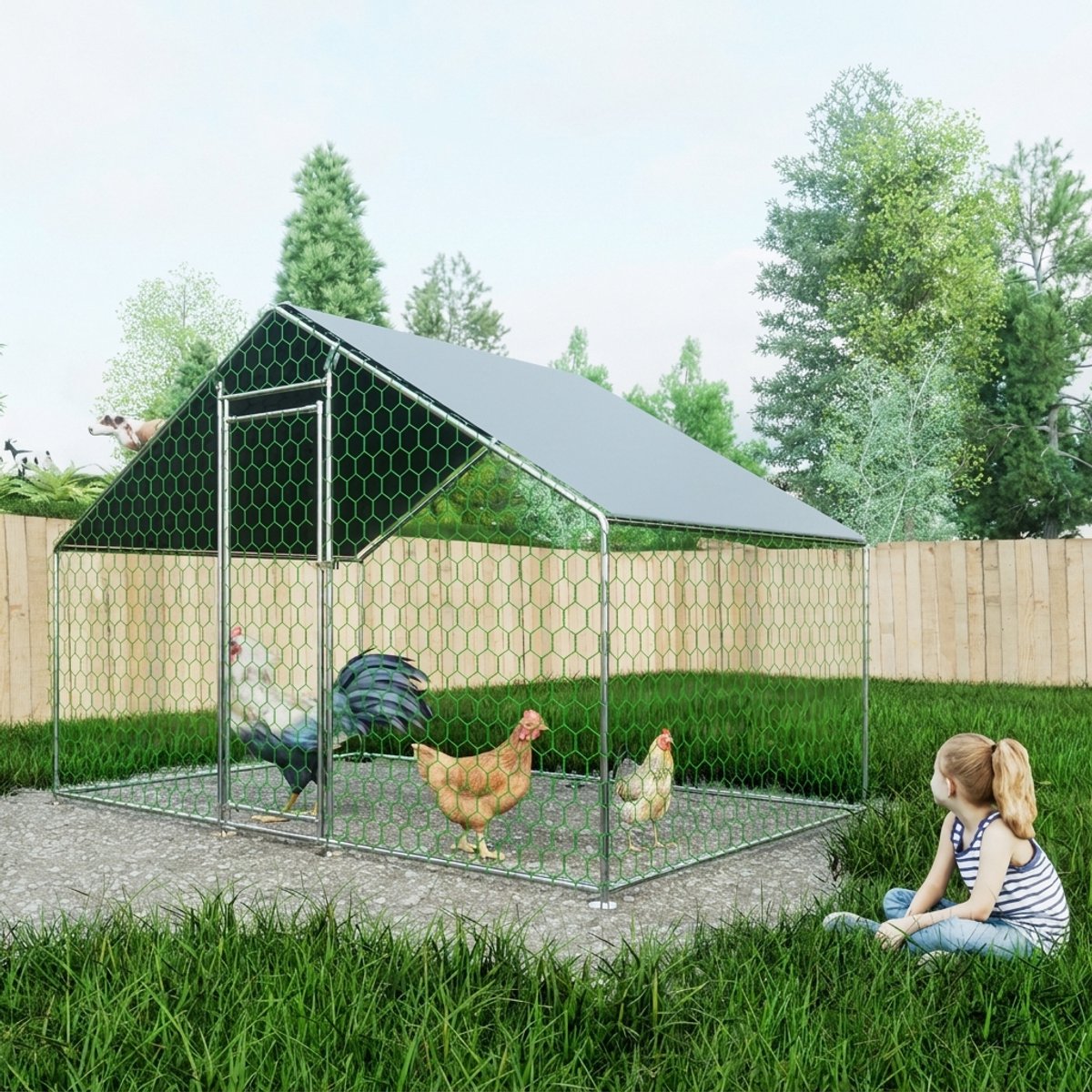 Kippenren - 3x2x2m - Kippenhok - Buitenren - Dierenren - Verzinkt staal - Waterdicht - Veiligheidsslot - Roestvrij - Voor buiten - 1 stuk - Zilver