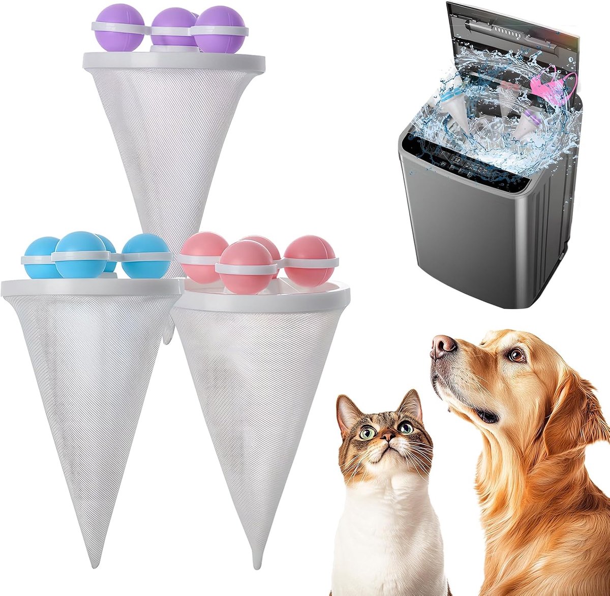 Herbruikbare Drijvende Wasfilterzakken van gaas - 3 stuks - Pluisballen - Dierenhaarvanger - Wasballen - Wasbalzak - Wasdrogerballen - Voor in de wasmachine - Verwijderd haar en pluisjes - Paars+Roze+Blauw