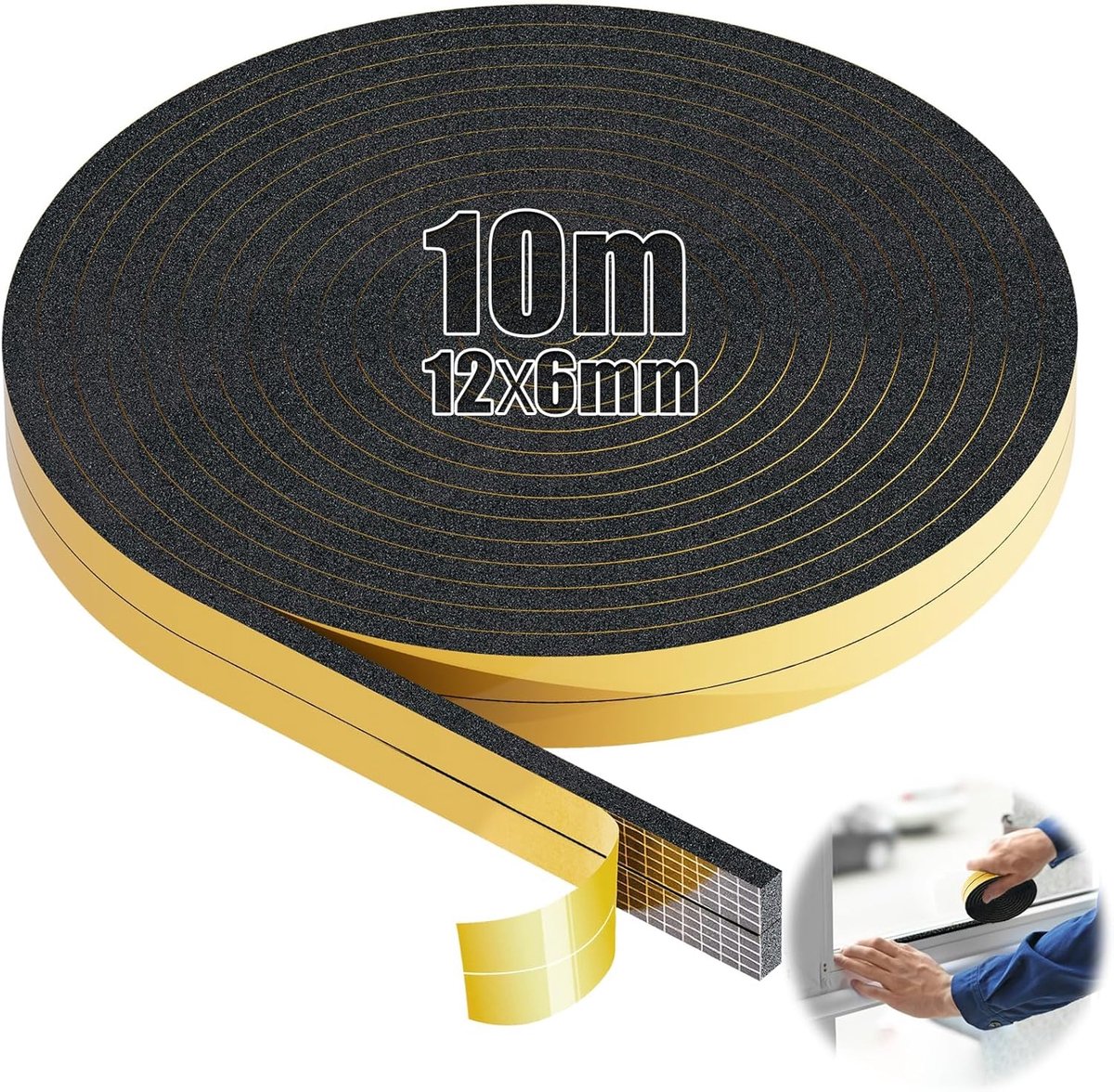 SnelShoppen - Sealing Strips voor Deuren en Ramen - Zelfklevende Foam Tape - 10m x 12mm x 6mm - Geluidsisolatie en Isolatie - Zwart - 2 Rollen
