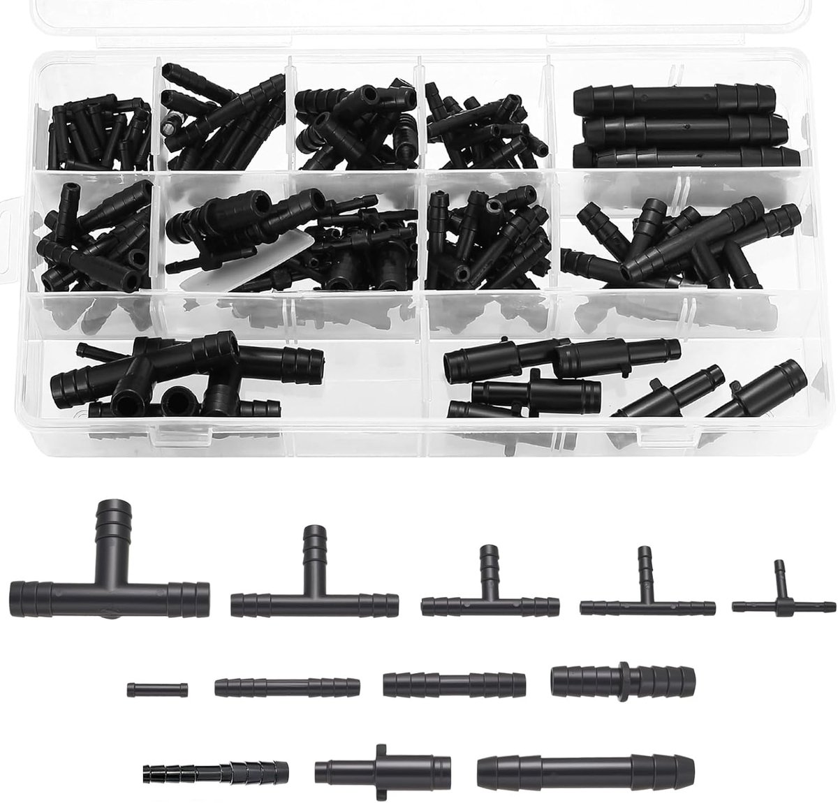 SnelShoppen - 113-delige T Tuinslang Connector Set, T Connector Hozes, Waterverbinding voor Drip Hoses, Tuin Tee Aansluitingen, 12 Maten, Zwart