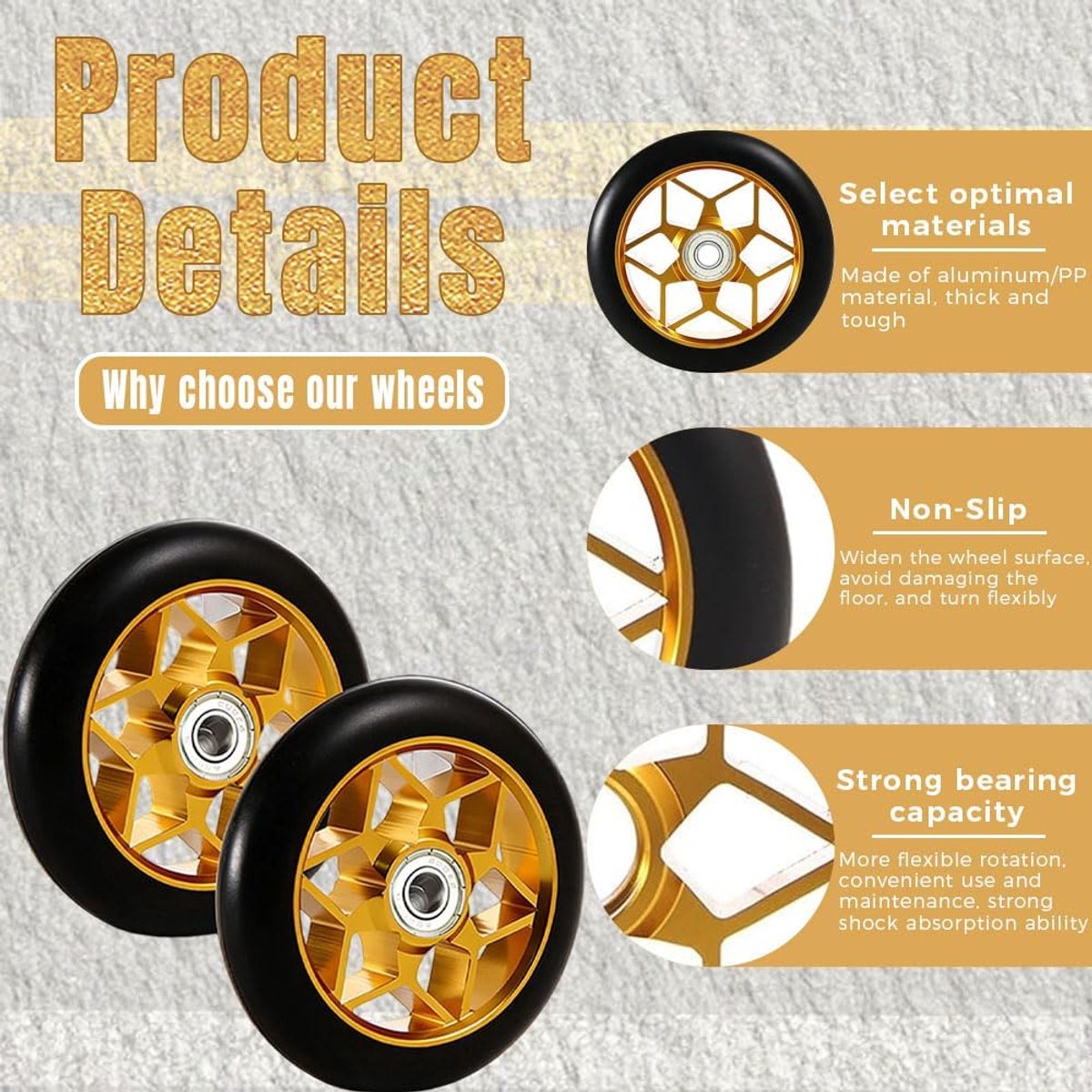 SnelShoppen - Stunt Scooterwielen 110 mm - 2 Stuks Gouden Aluminium Wielen met 88A & ABEC-9 Kogellagers - Duurzaam, Stil, Gripvast voor Stuntsteps en