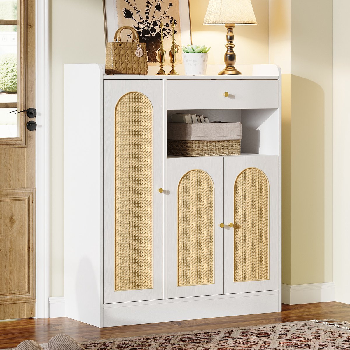 Schoenenkast - Opbergkast met 3 rattan deuren, 1 lade & verstelbare planken - 90x35x110 cm - Wit + Natuur