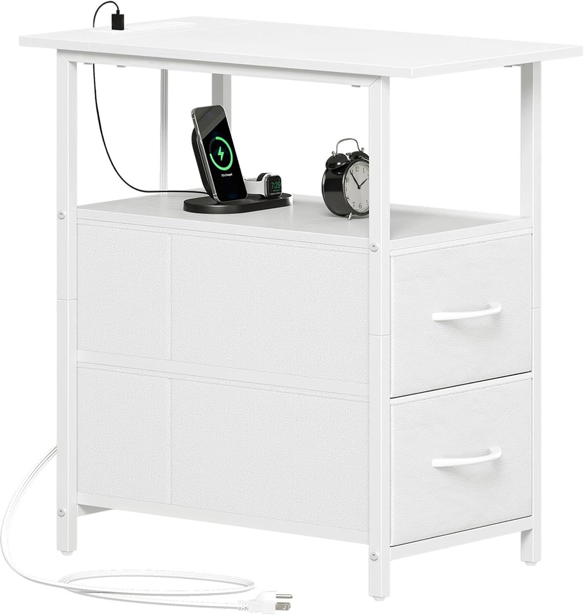 SnelShoppen - Bedside Table met Oplaaddock, Nachtkastje met USB Poorten en Stopcontact, 2 Lades, Wit, Compact 50D x 30W x 62H voor Slaapkamer en Woonk