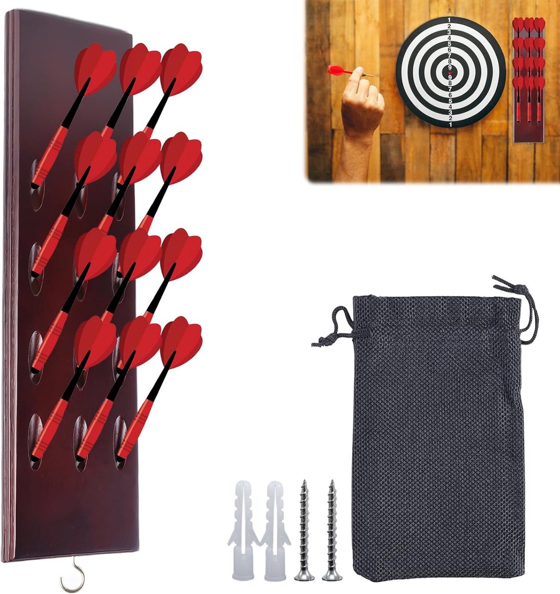 SnelShoppen - Wandhouder voor 12 Darts - Houten Darts Caddy voor Steel Darts en Soft Darts - Elegant Bruin - Perfect voor Dartliefhebbers