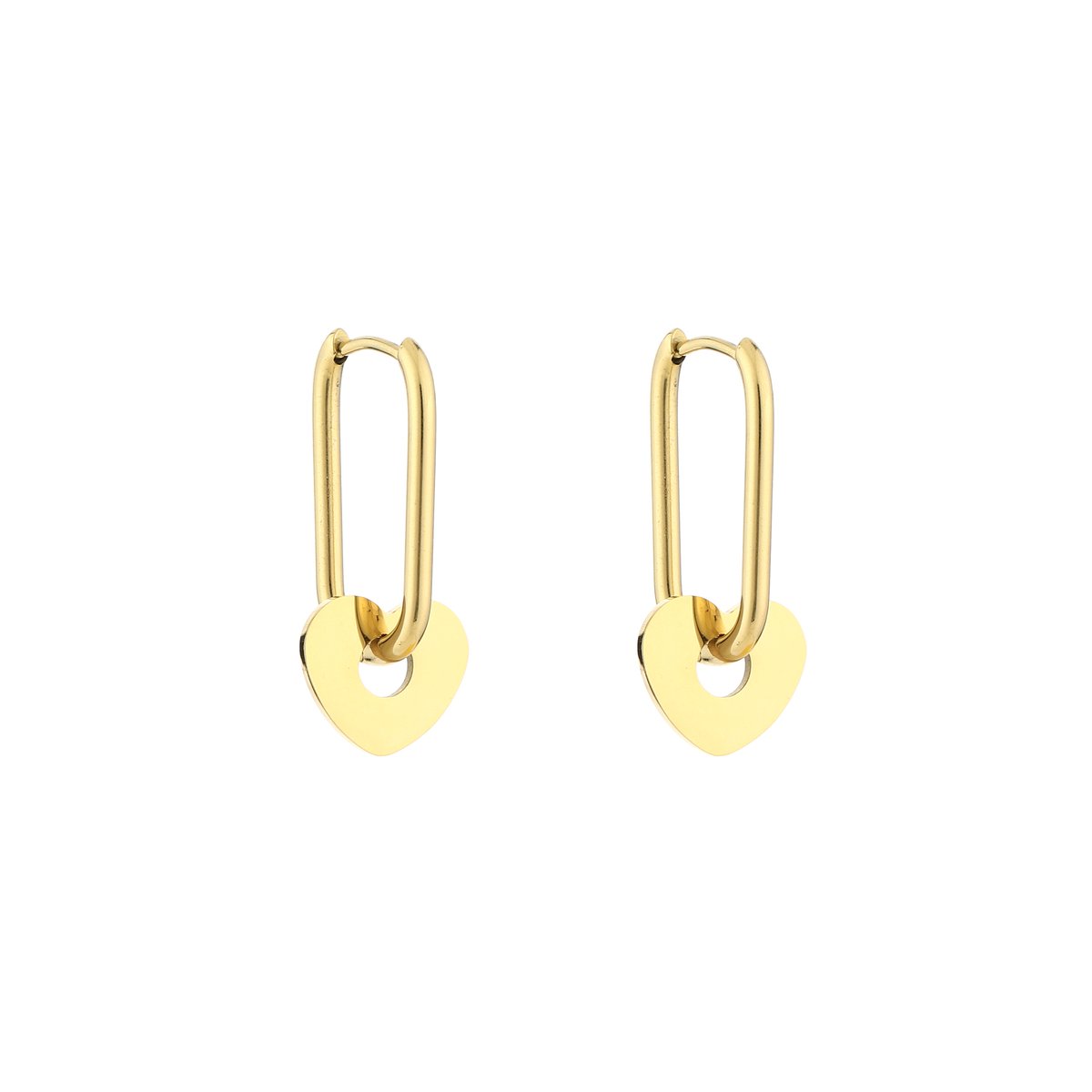 Stainless Steel Langwerpige Oorringen met Hartjeshanger – Elegante & Romantische Oorhangers - RVS - Goud