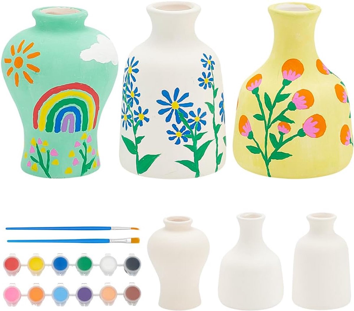 SnelShoppen - DIY Vases Set - 3 Stijlen Ongeglazuurde Keramische Bloempotten - Creatief Schilderen met 12 Kleuren en 2 Kwasten - Perfect voor Klasses