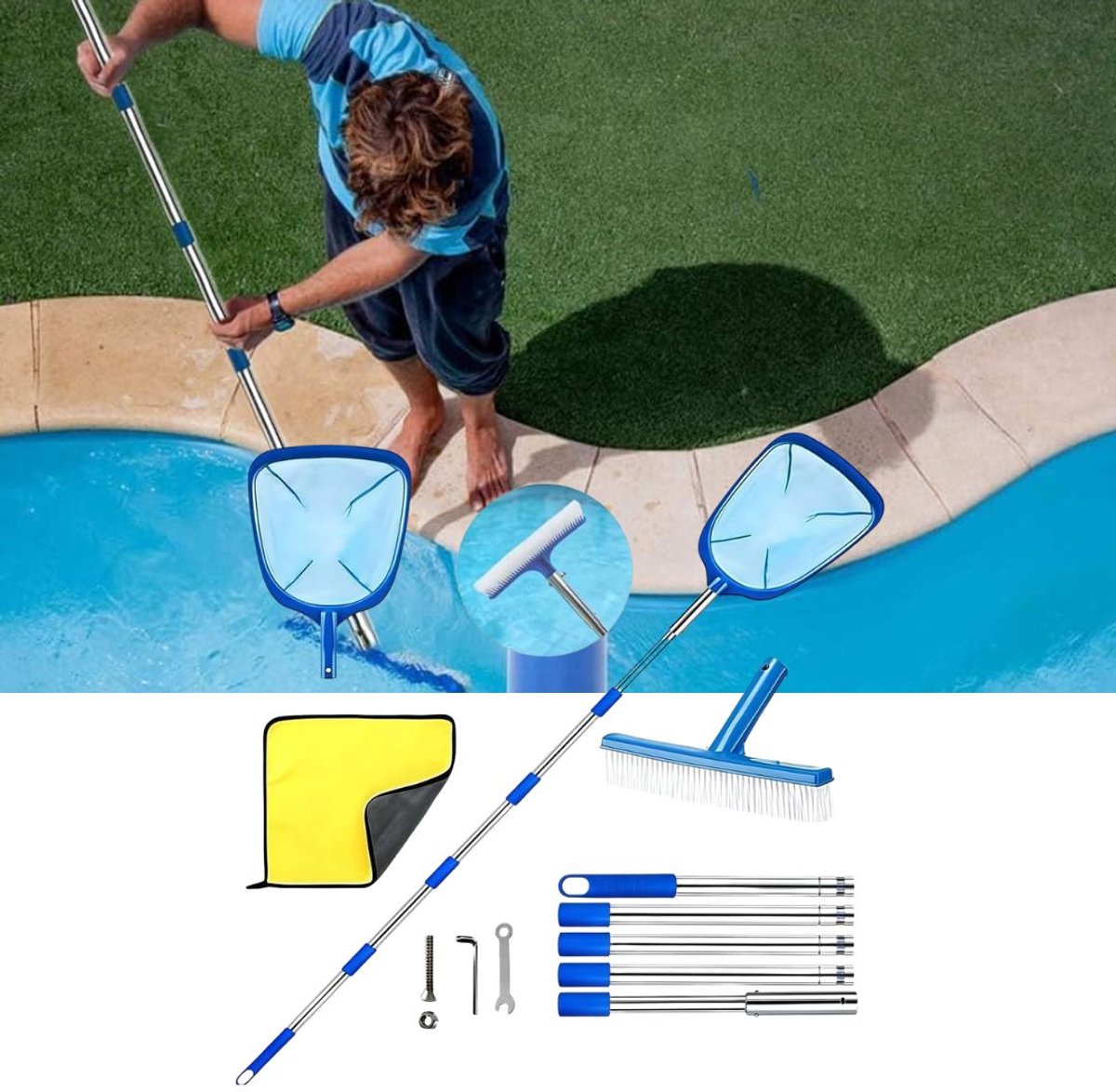 ApexArte® Zwembad Schepnet - Bladzuiger Set - Water Oppervlak Reinigen - Verstelbare Telescoopsteel - Blauw