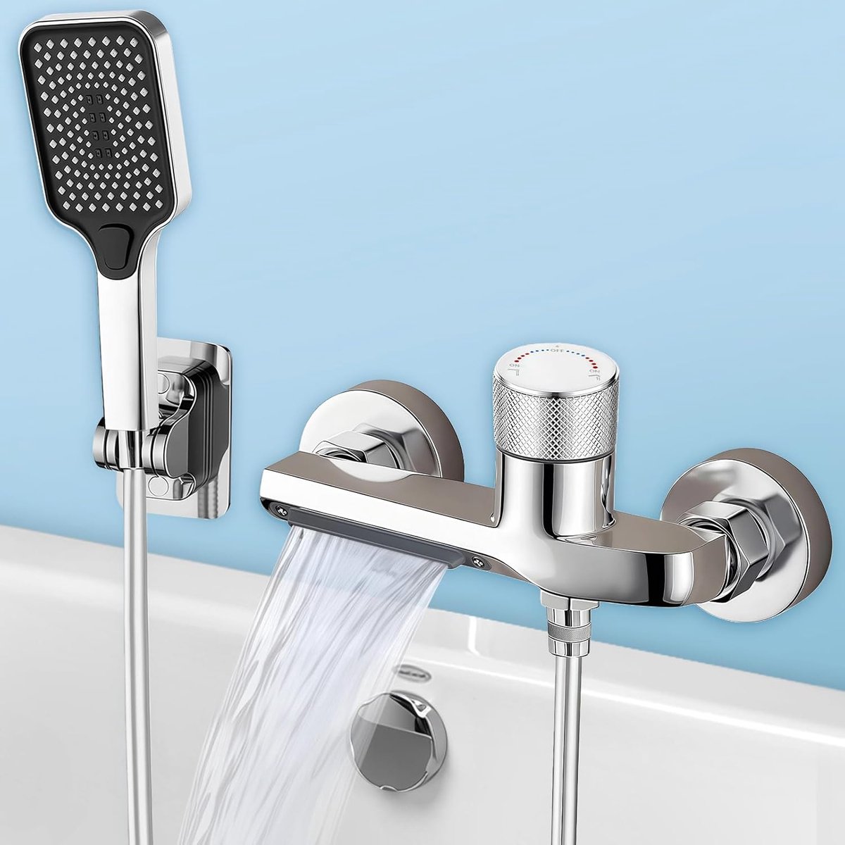 SnelShoppen - Waterfall Badkraan met Handdouche Chroom Mengkraan Badkuip met Douche 1.5 m Slang Wandmontage Messing Waterkraan Badkuip (Zilver)