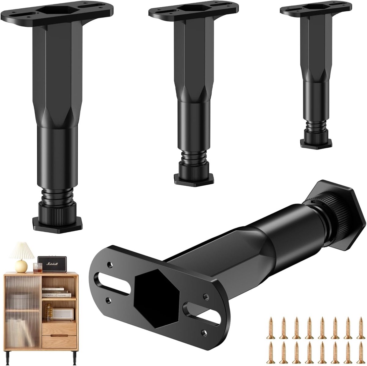 SnelShoppen - 4 Stuks Verstelbare Meubelpoten - Hoogte Verstelbaar van 15 tot 27 cm - Zwarte Meubelpoten voor Bed, Bank, Kast, Commode en Meer