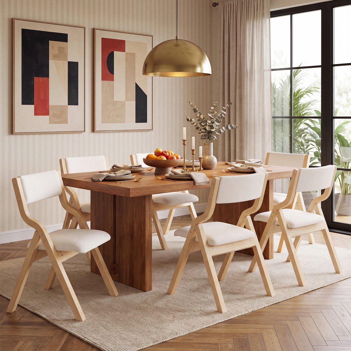 Pugsdrly 6 opvouwbare eetkamerstoelen, eetkamerstoelen van massief hout, comfortabel en ademend, opvouwbaar en opbergbaar, geschikt voor eetkamer, woonkamer, café, moderne stijl, linnen, beige,Zonder tafel