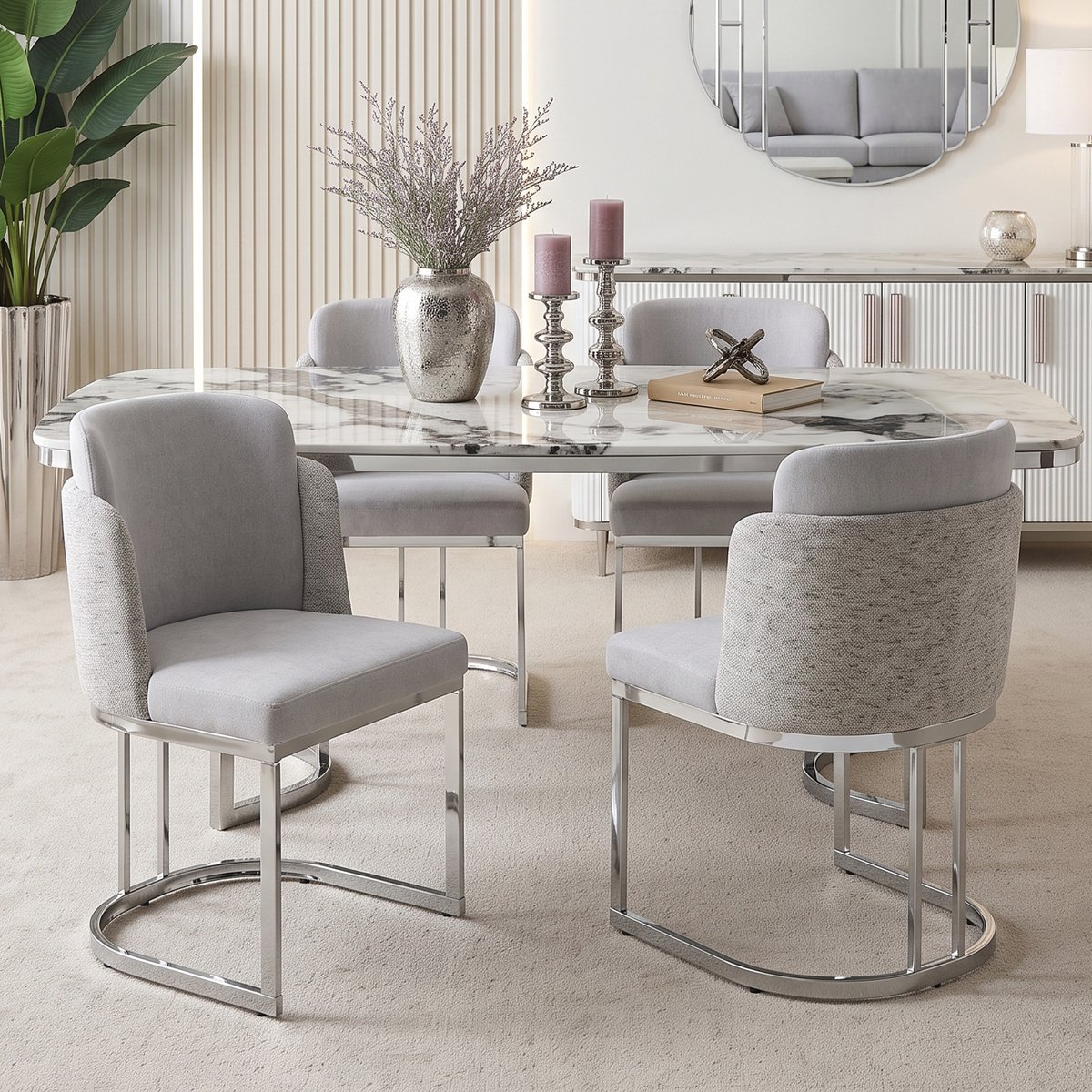 Pugsdrly 4 eetkamerstoelen, comfortabel en ademend, geschikt voor restaurants, woonkamers, cafés en andere locaties, moderne stijl, zilvergegalvaniseerde stoelpoten, chenille-stof, lichtgrijs + zilver,Zonder de tafel