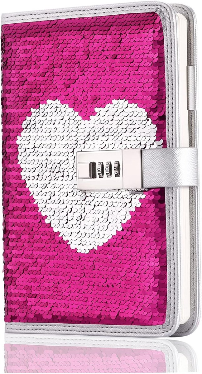 SnelShoppen - A5 Notitieboek voor Meisjes met Combinatieslot, Reversible Sequins Dagboek met Kaartsleuven, Roze Hart, Perfect voor Kerst en Verjaardag