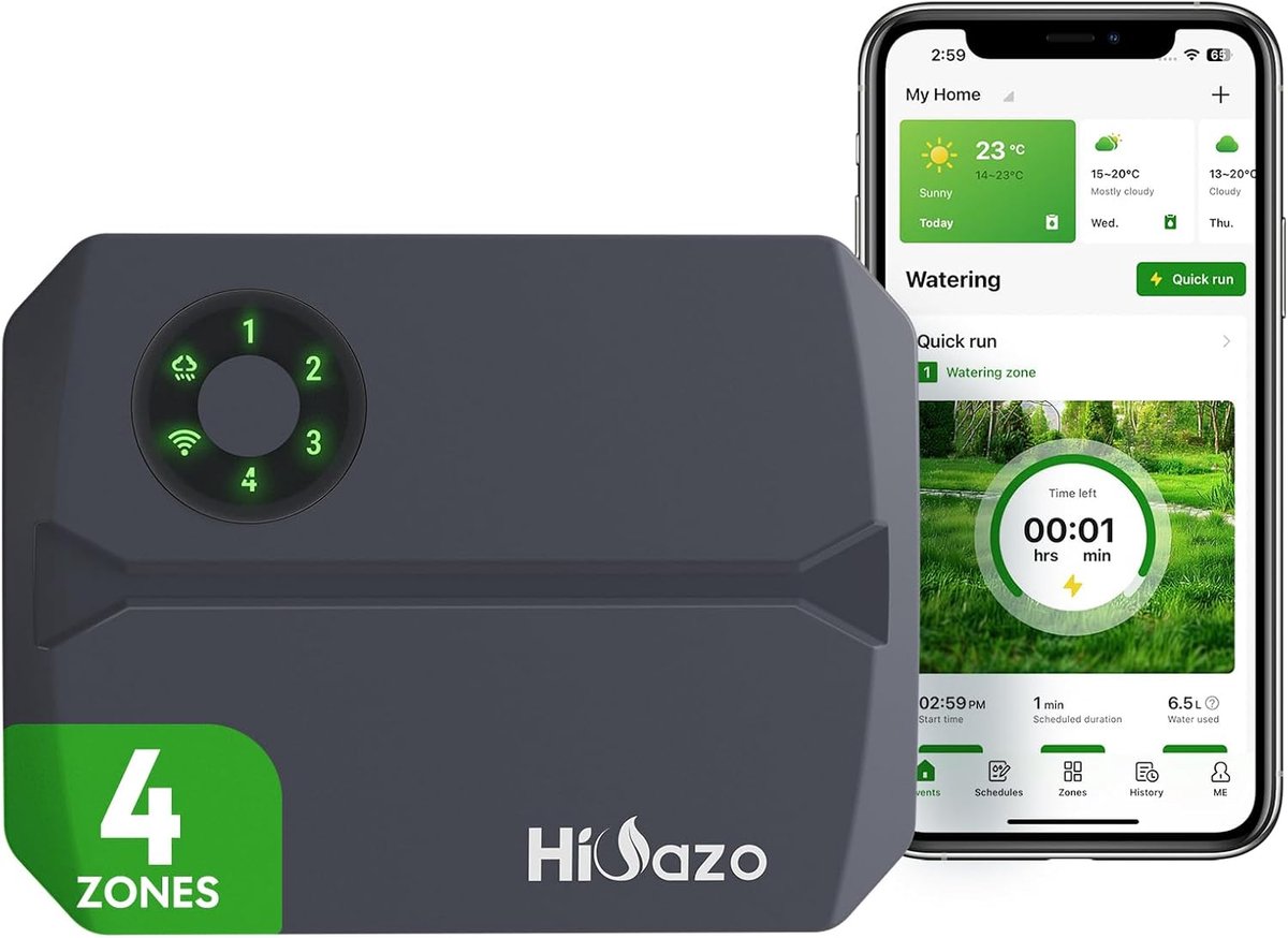 SnelShoppen - WiFi 4-Zone Irrigatiecomputer met App Controle, Slimme Sprinklerregeling, 16 Irrigatieprogramma's, Waterhamerbescherming voor Tuin, Kass