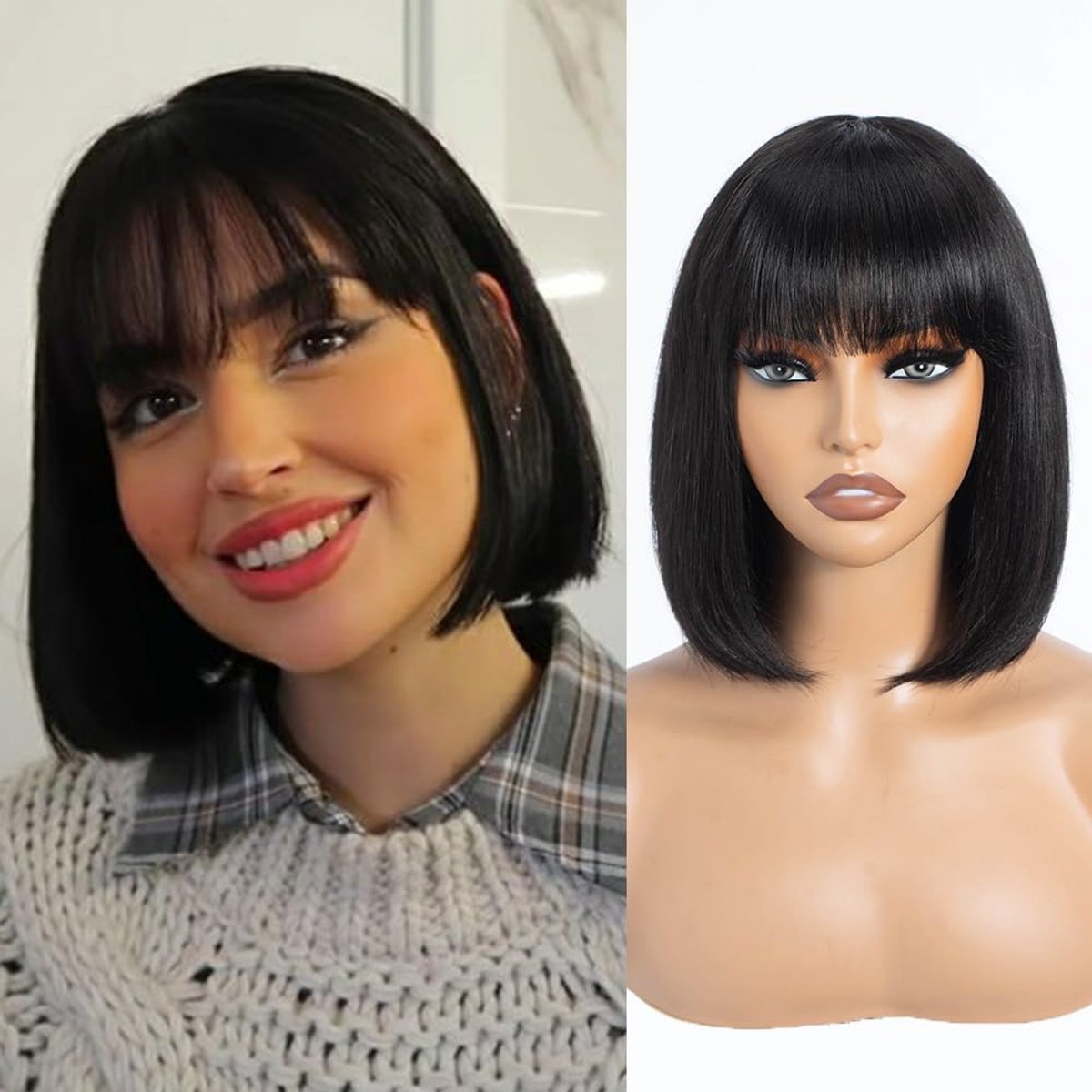 SnelShoppen - Pruik van echt haar met pony, korte Bob Pixie 10A, Braziliaans Virgin Remy-haar, 25 cm, 103 g, 1B - Perfect voor feesten en dagelijks ge