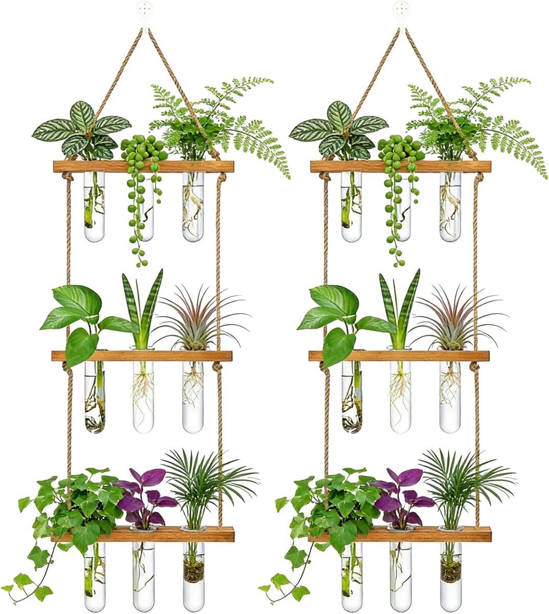 SnelShoppen - 2 Stuks Hangende Reageerbuis Vaas met Houten Houder 85 x 20 x 4,5 cm, 3 Lagen, 9 Buisjes voor Planten Stekjes, Wanddecoratie, Woonkamer