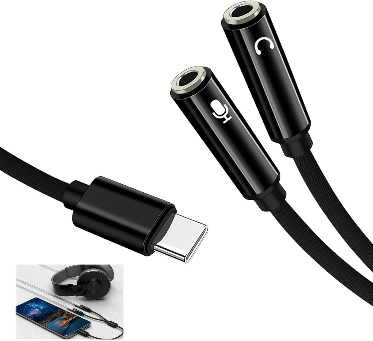 SnelShoppen - Adapter USB C naar Dual TRS Jack 3.5mm, Geschikt voor Smartphones en Laptops, Gaming & Streaming, Robuust Ontwerp met Gevlochten Nylon K