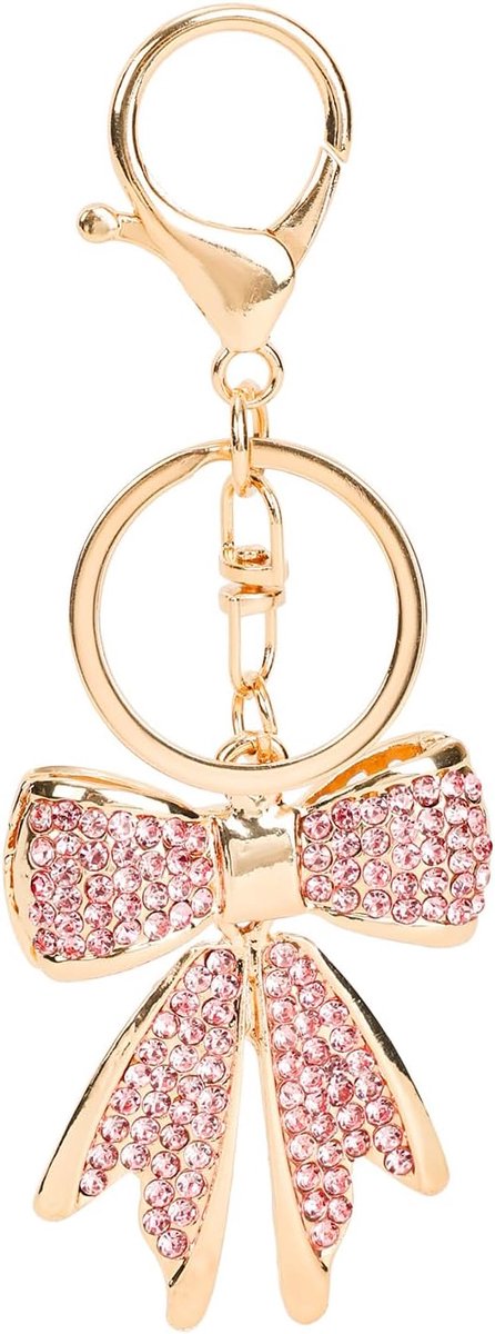 SnelShoppen - Rhinestone Sleutelhanger met Strik, Glitterend Goud en Roze, Schattige en Flirtende Sleutelring voor Vrouwen, Aesthetic Taspendant voor