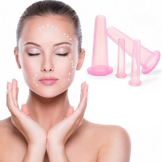 Een vrouw met gesloten ogen en handen bij haar gezicht, met pijlen die gezichtsmassagebewegingen aangeven. Naast haar liggen drie roze siliconen cups.