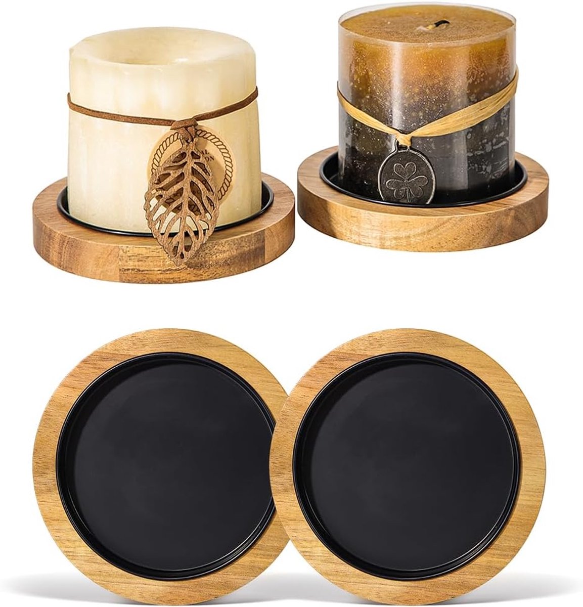 SnelShoppen - Set van 2 Acaciahouten Kandelaars met Afneembaar Dienblad, Rustieke Tafeldecoratie voor Bruiloft en Thuis, Houten Onderzetters voor Stom