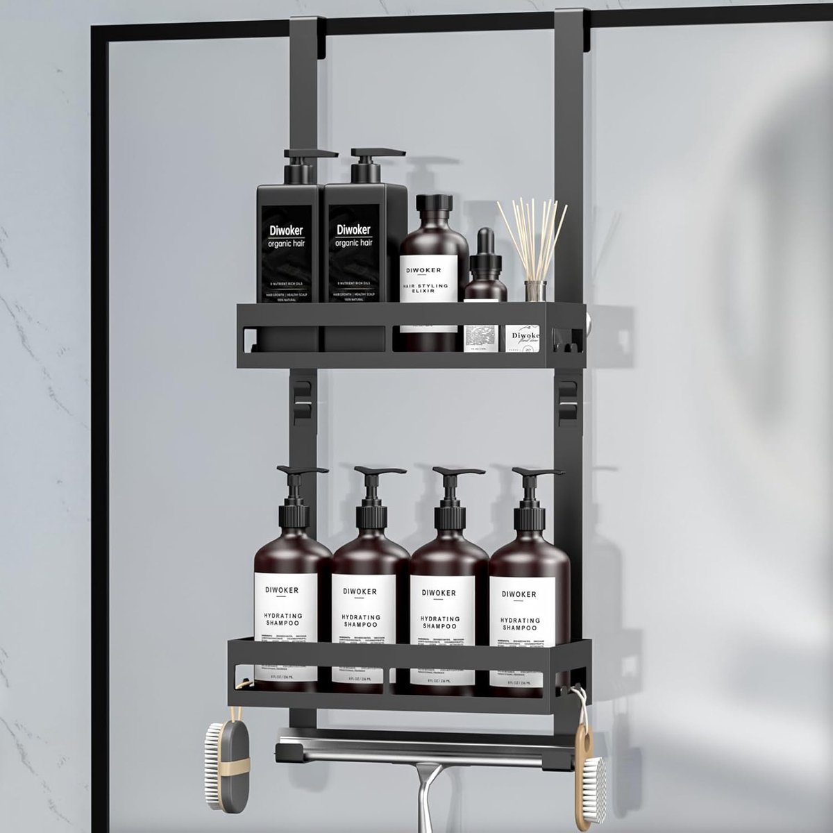 Thijox - Doucherek Hangend - Doucheplank Zonder Boren - Verstelbare Hoogte Badkamer Organizer - Shampoohouder Douche Caddy Zwart - Lichtgewicht 2-Lage