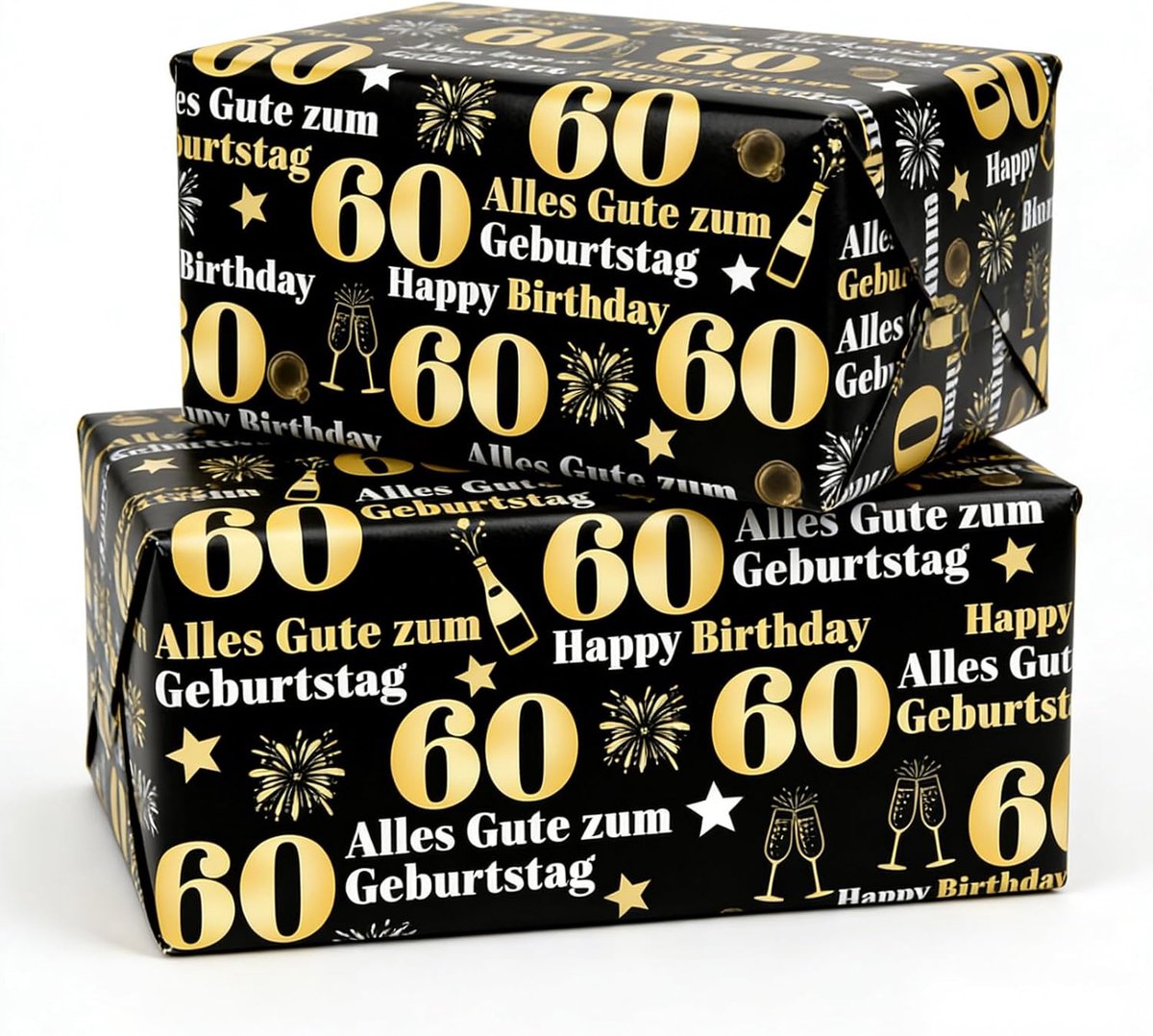 Thijox - 2 Vellen Cadeaupapier Zwart Goud 75 x 51 cm voor 60e Verjaardag - Happy Birthday Inpakpapier met Dubbelzijdig Plakband - Feestelijke Geschenk