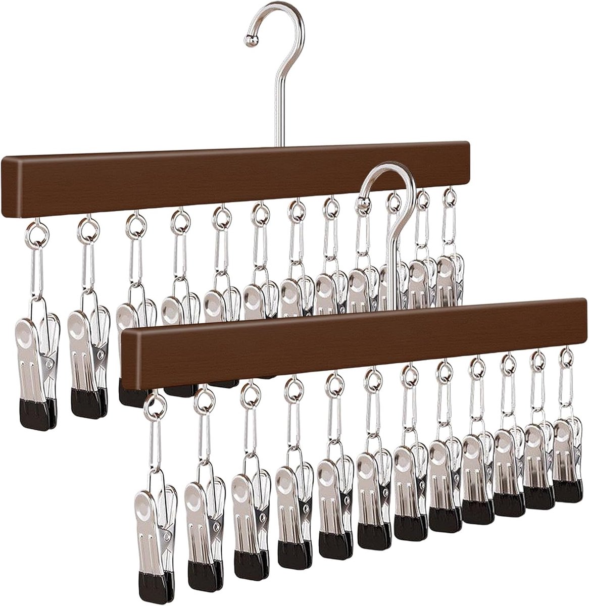 Thijox - 2 Stuks Houten Sokkenhouders met 12 Roestvrijstalen Clips, 360° Draaibare Haak, Multifunctionele Sokkenhanger voor Sokken, Ondergoed, Mutsen