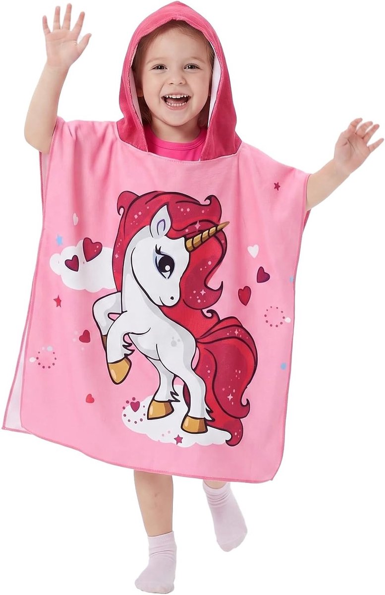 Zachte en Absorberende Microfiber Badponcho voor Kinderen - Strandhanddoek met Kap, Ideaal voor Zwembad en Strand, 70 x 150 cm (Roze Eenhoorn)