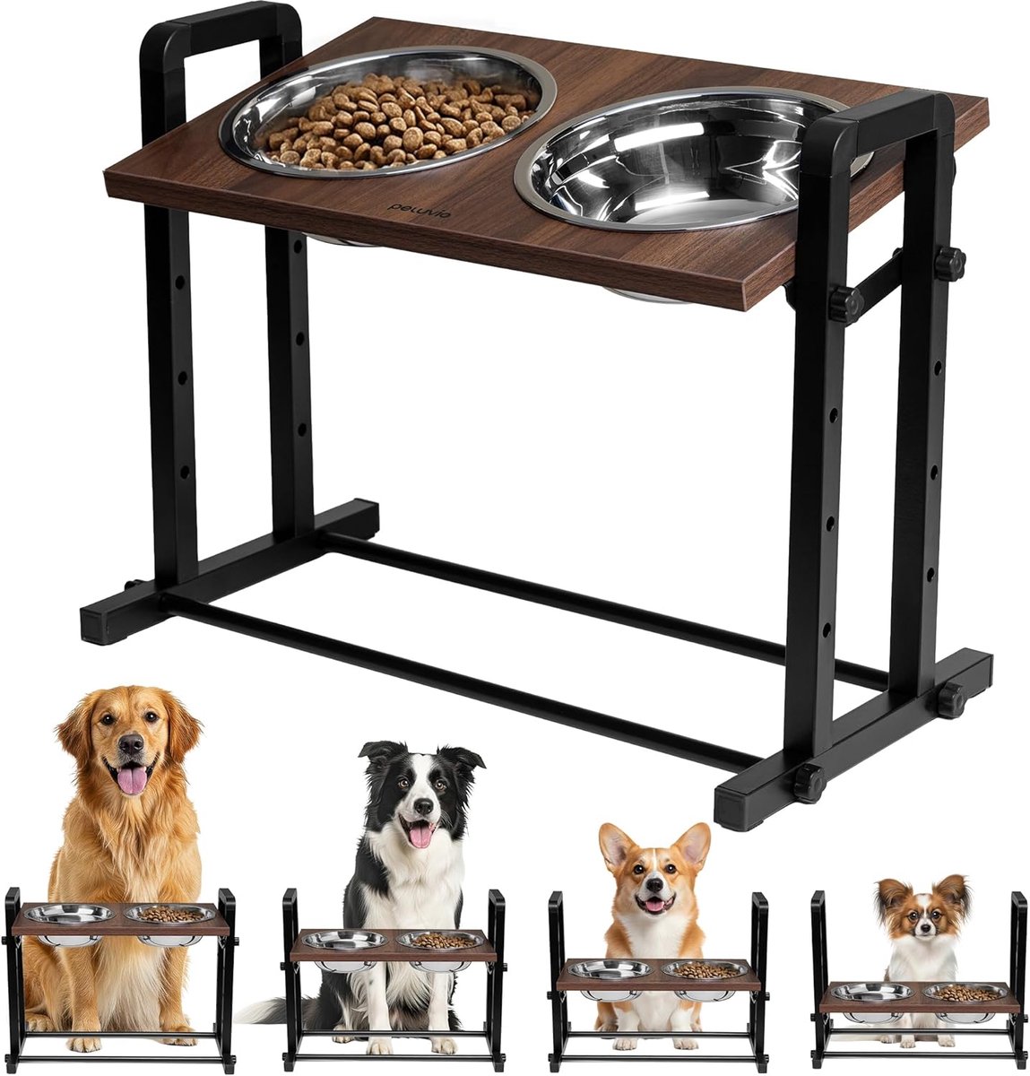 Thijox - Verstelbare Hondenbak met Standaard - Verhoogde Voerbak Hond met 2 Roestvrijstalen Kommen 1200 ml, Kantelbare Tray 0–15°, Verstelbare Hoogte