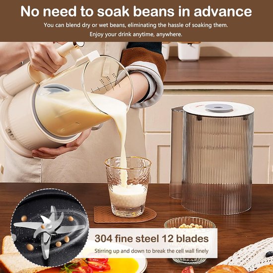 Automatische groente- en notenmelkmaker, smoothie- en sapcentrifuge van 1500 ml met zelfreinigende functie, 8-in-1 multifunctionele groentemelkmaker met 12 messen voor haver, noten en fruit. — afbeelding 3