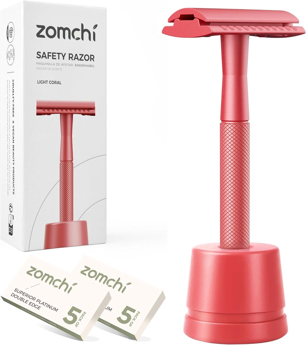 SnelShoppen - Veiligheidsmes voor Vrouwen met Stand - Duurzaam Plastic Vrij - 10 Scheermesjes - Licht Koraal - Ideaal voor Dagelijks Gebruik en Reis