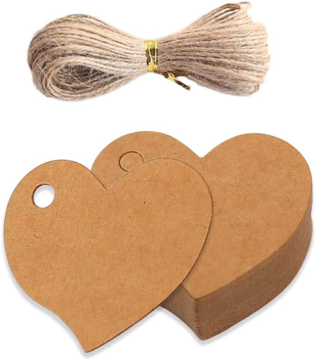 Thijox - 100 Stuks Geschenkhangers Hartvorm Kraftpapier met 10 m Koord - Perfect voor Bruiloft Souvenirs, Cadeauverpakking en Knutselprojecten