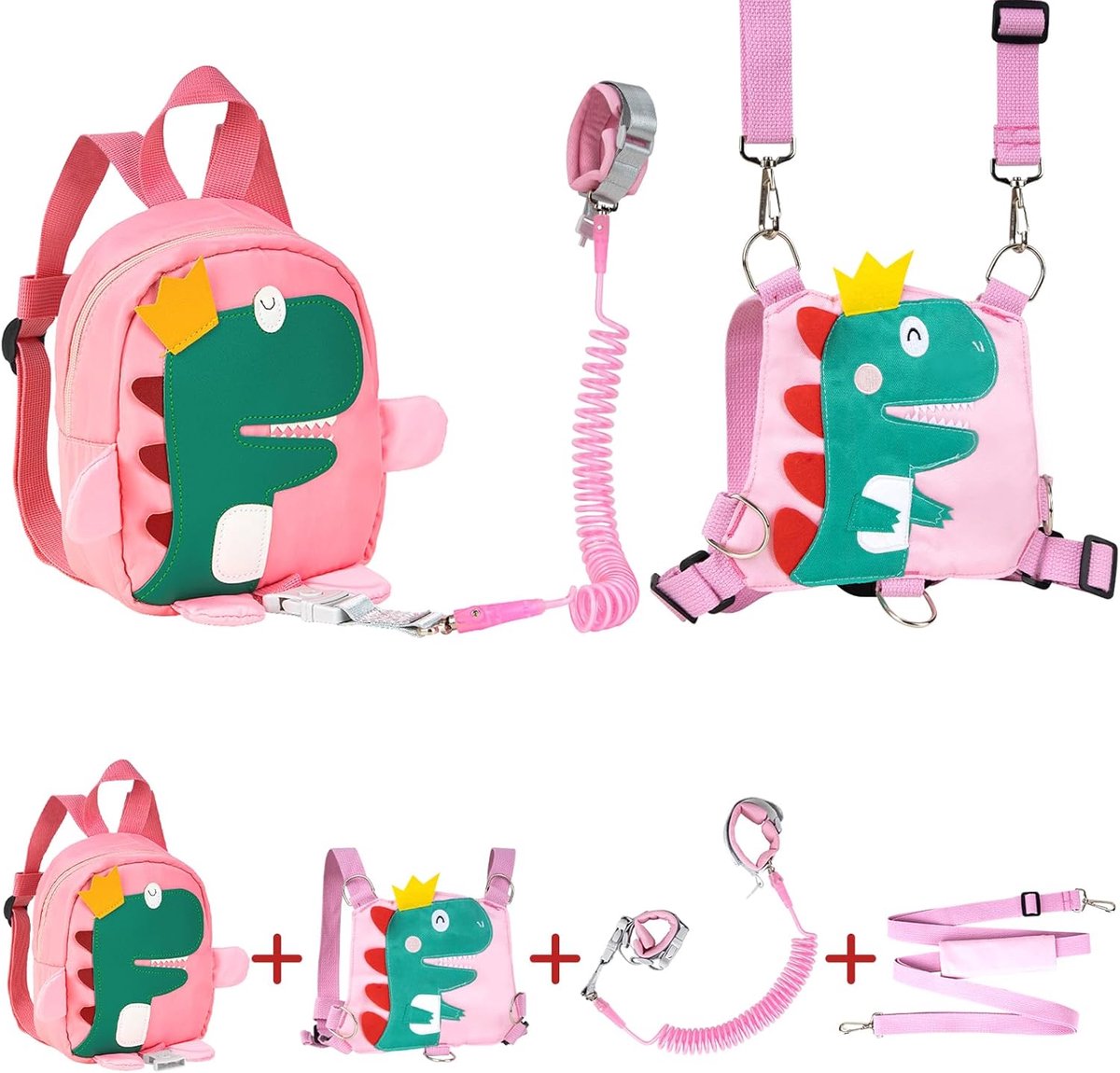 SnelShoppen - Baby Safety Harnesses, 4-in-1 Baby Walking Harness met 360° Rotatable Anti-lost Wrist Link Strap, Dinosaur Rugzak met Leash voor Kindere