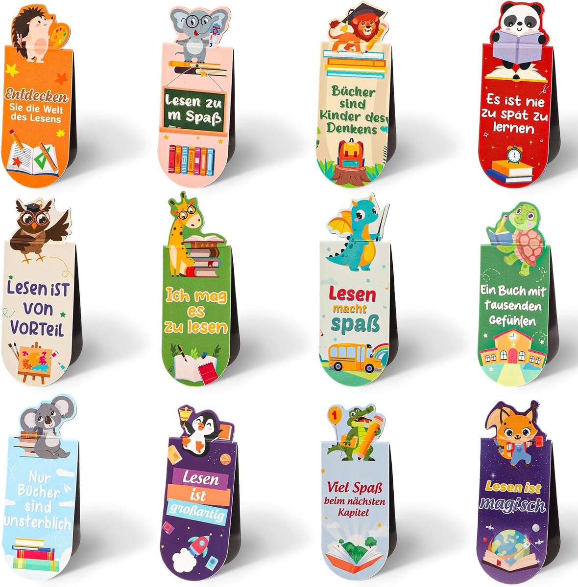 SnelShoppen - 12 Dieren Magnetische Boekenleggers voor Kinderen - Schattige Cartoon Motieven - Leuke Cadeaus voor Eerste Schooldag en Kerst - Ideaal v