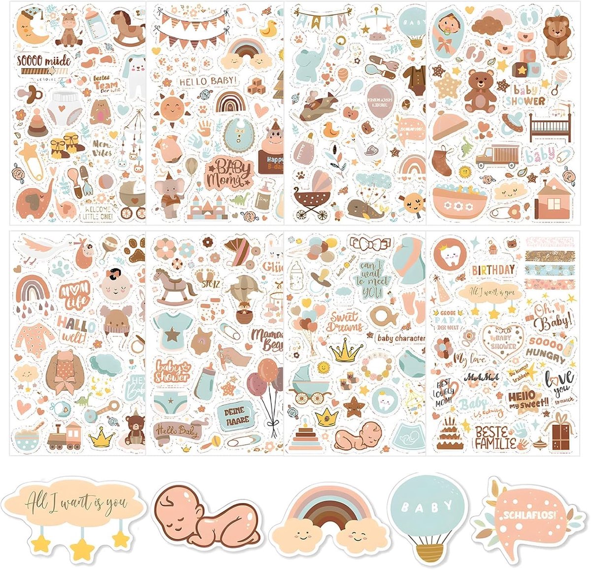 SnelShoppen - 408 Pcs A4 Stickers voor Baby Foto Albums - Duurzame Waterproof Baby Album Stickers - 8 Sets met Diverse Patroon voor Maternity Diaries