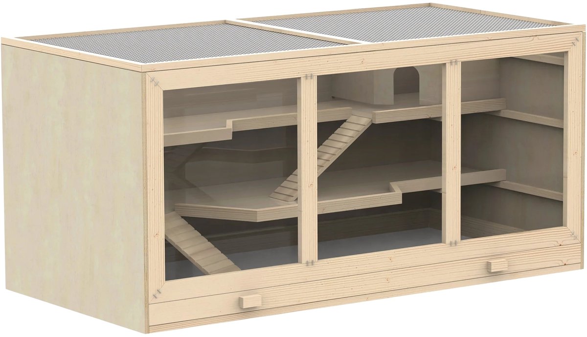 Dwerg Hamsterkooi – 3 Verdiepingen Houten Knaagdier Villa met Trappen – Naturel Hout